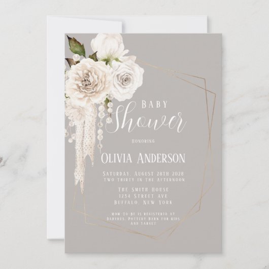 水彩中性真珠と花模様ベビーシャワー 招待状 (正面)