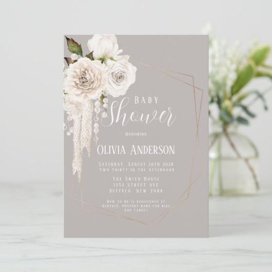 水彩中性真珠と花模様ベビーシャワー 招待状 (スタンド正面)