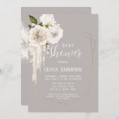 水彩中性真珠と花模様ベビーシャワー 招待状 (正面/裏面)