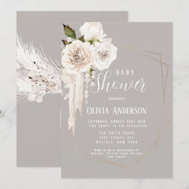 水彩中性真珠と花模様ベビーシャワー 招待状