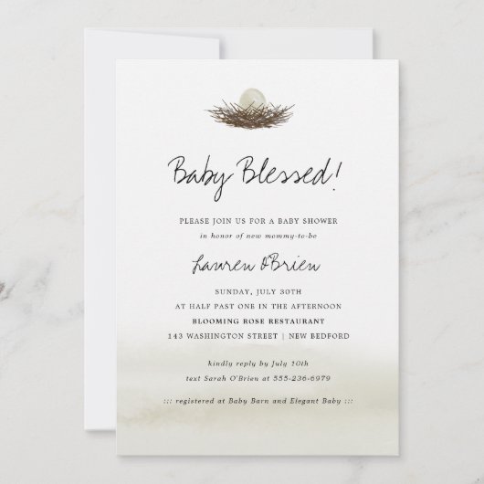 水彩中性鳥の巣の赤ちゃんシャワー 招待状 (正面)