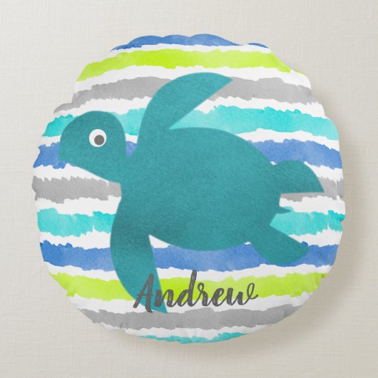 水彩亀しぼりストライプと波 ラウンドクッション (正面)
