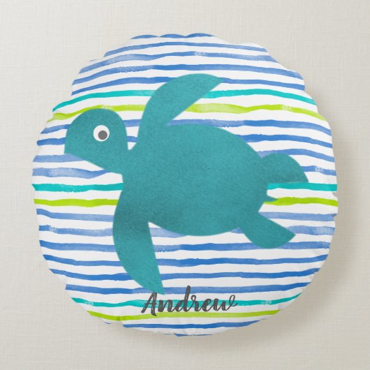 水彩亀しぼり波とストライプ ラウンドクッション (正面)