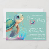 水彩亀の海ビーチ誕生日パーティー 招待状 (正面)