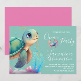 水彩亀の海ビーチ誕生日パーティー 招待状
