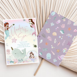 水彩人魚お洒落女の子誕生日 招待状