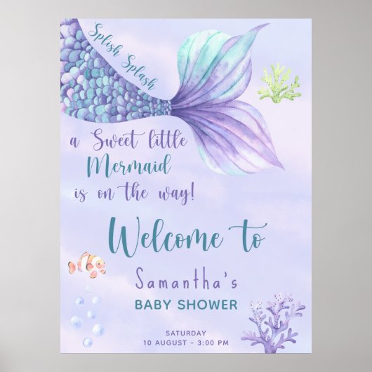 水彩人魚の尾の女の子ベビーシャワーへようこそ ポスター (正面)