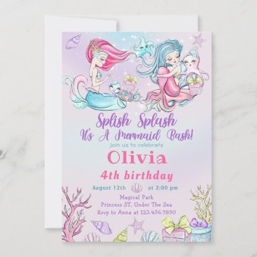 水彩人魚の誕生日パーティーの招待 招待状 (正面)