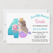 水彩人魚主題4歲生日派對邀請函 招待状 (正面)