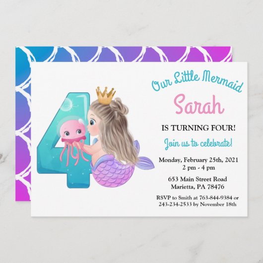水彩人魚主題4歲生日派對邀請函 招待状 (正面/裏面)