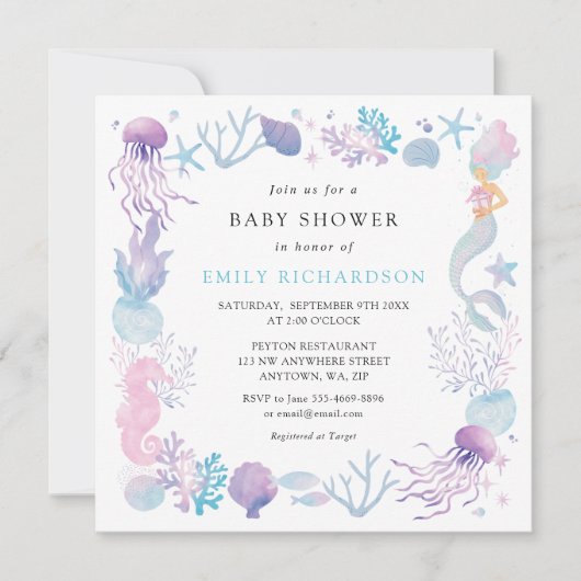 水彩人魚海底世界嬰兒洗禮派對 招待状 (正面)