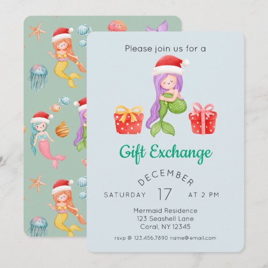 水彩人魚聖誕禮物交換派對 招待状 (正面/裏面)