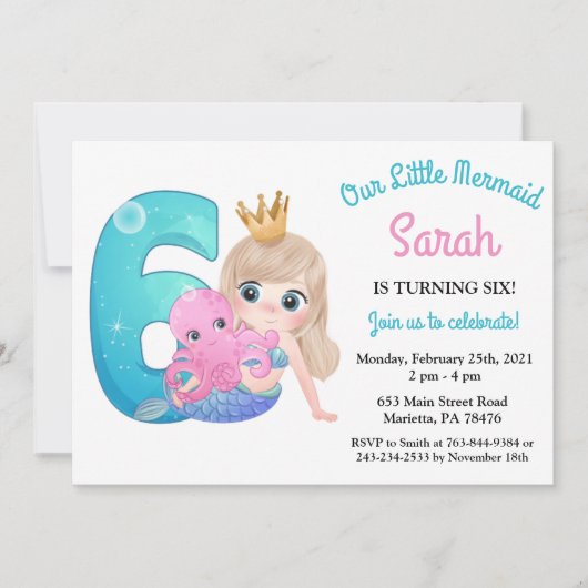 水彩人魚6th誕生日パーティーの招待状 招待状 (正面)