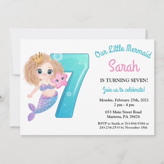 水彩人魚7th誕生日パーティーの招待状 招待状 (正面)
