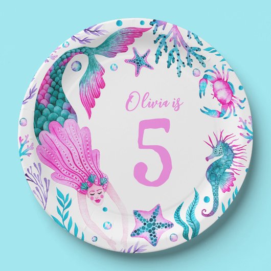 水彩人魚、シーシェル+海生物 ペーパープレート