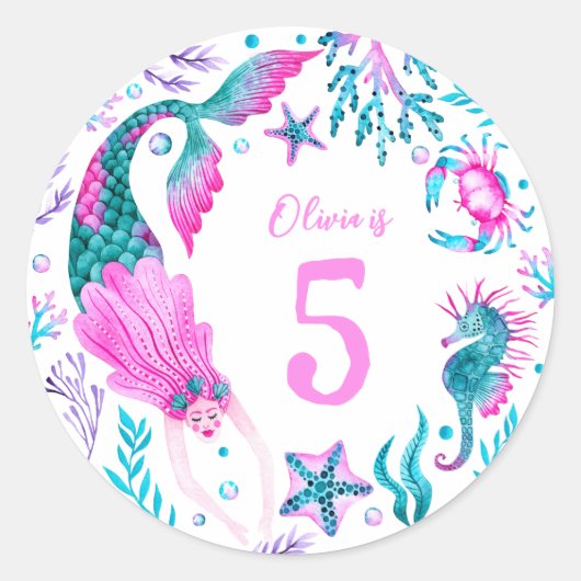 水彩人魚、シーシェル+海生物 ラウンドシール (正面)