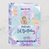 水彩人魚 1歲生日邀請函 招待状 (正面/裏面)