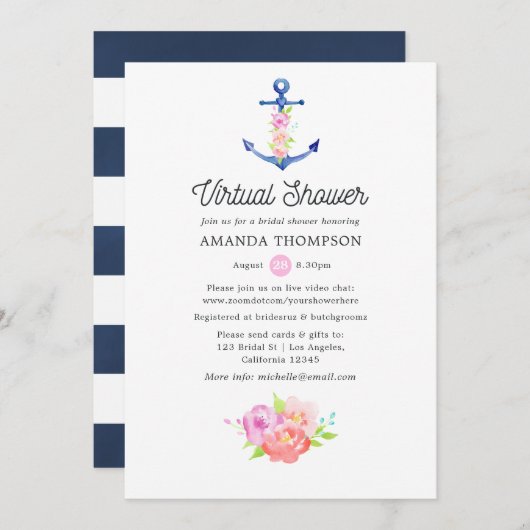 水彩仮想航海のブライダルシャワー 招待状 (正面/裏面)