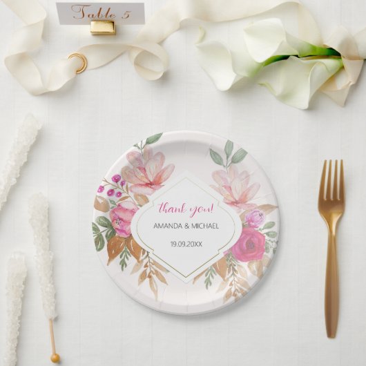 水彩保モダン保フローラ配置 ペーパープレート (ウェディング)