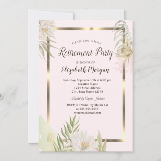 水彩保花金ゴールド額退職金 招待状 (正面)