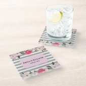 水彩優しいピンクの白いバラのフローラ結婚ズ ガラスコースター (アングル)