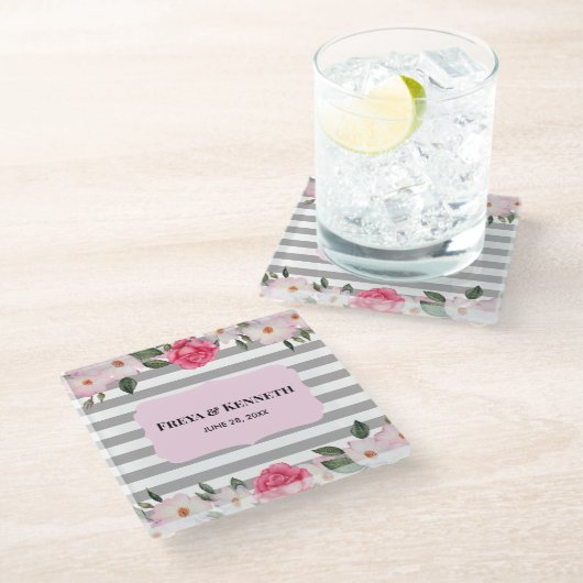 水彩優しいピンクの白いバラのフローラ結婚ズ ガラスコースター (アングル)