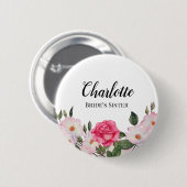 水彩優しいピンクの白いバラの誕生日食用 缶バッジ (正面&裏面)