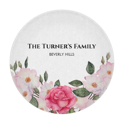 水彩優しいピンクホワイトローズイラストレーション カッティングボード (正面)