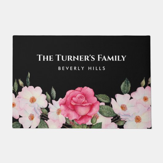 水彩優しいピンクホワイトローズイラストレーション ドアマット (正面)