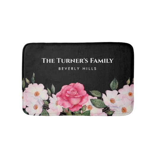 水彩優しいピンクホワイトローズイラストレーション バスマット (正面)