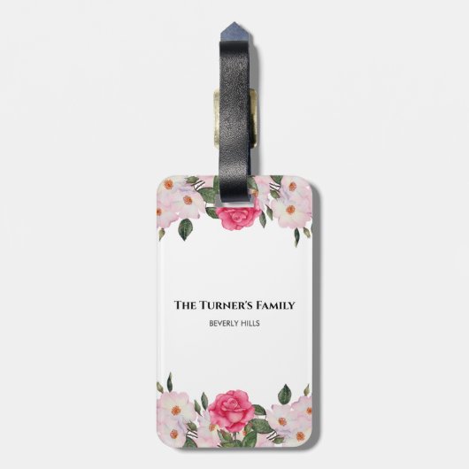 水彩優しいピンクホワイトローズイラストレーション ラゲッジタグ (裏面縦)