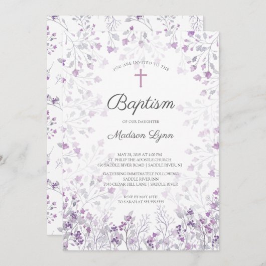 水彩優雅な紫の花の洗礼 招待状 (正面/裏面)