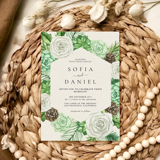 水彩六角フレーム緑結婚色 招待状