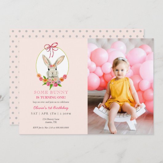 水彩写真とバニーのウサギ1歳の誕生日 招待状 (正面/裏面)
