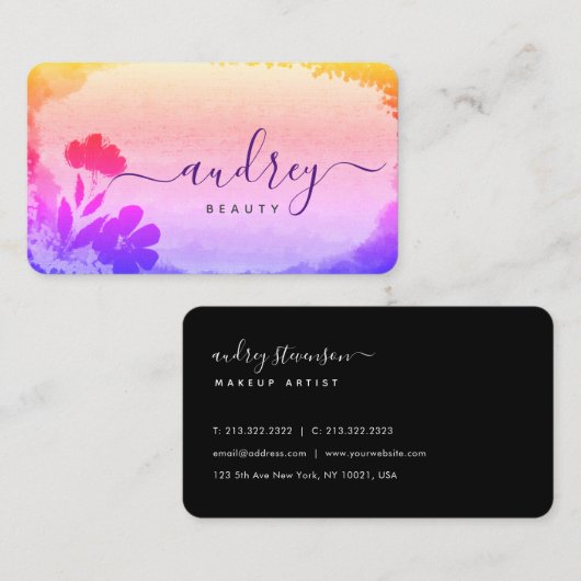 水彩写真ピンクと紫のフローラ 名刺 (正面/裏面)