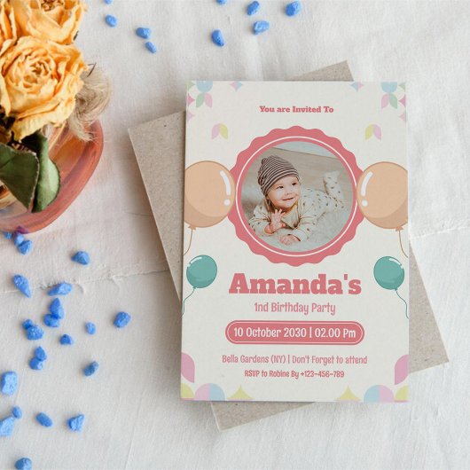 水彩写真ベビー誕生日 招待状