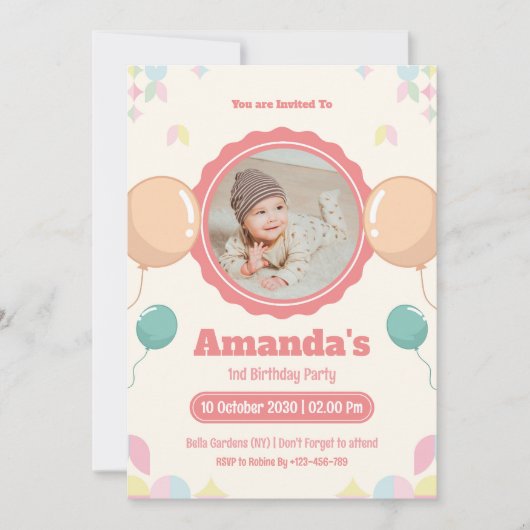 水彩写真ベビー誕生日 招待状 (正面)