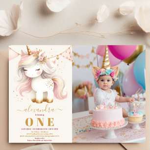 水彩写真ユニコーンhappy 1st birthday 招待状