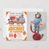 水彩写真火トラック誕生日パーティー 招待状 (正面)