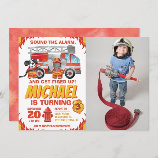 水彩写真火トラック誕生日パーティー 招待状 (正面/裏面)