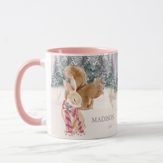 水彩冬うさぎリス林の名前 マグカップ (左)
