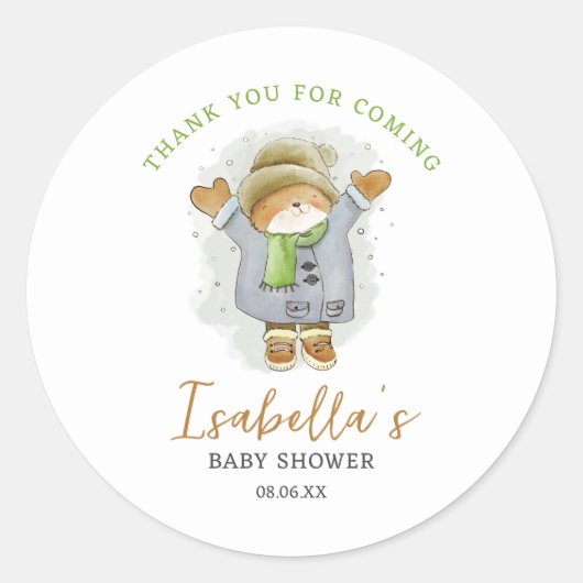 水彩冬ねこ赤ちゃんシャワーありがとうお願い ラウンドシール (正面)