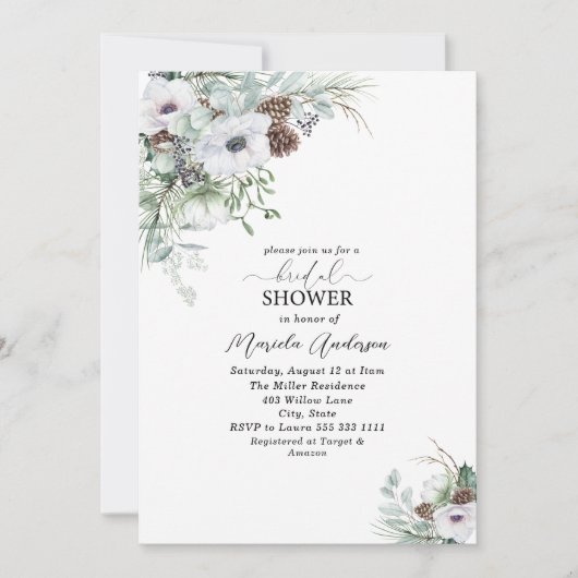 水彩冬のアネモネス花ブライダルShowe 招待状 (正面)