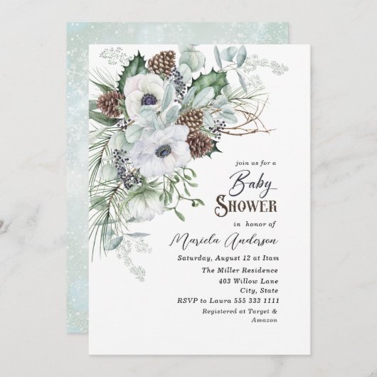 水彩冬のアネモネ花ベビーシャワー 招待状 (正面/裏面)