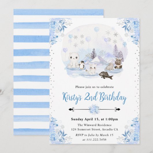 水彩冬のアークティック動物の誕生日パーティー 招待状 (正面/裏面)