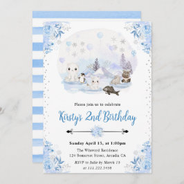水彩冬のアークティック動物の誕生日パーティー 招待状