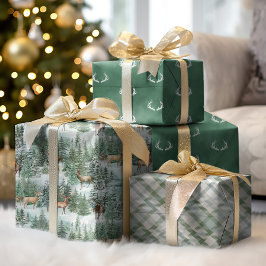 水彩冬のウッドランドクリスマスディアー ラッピングペーパーシート