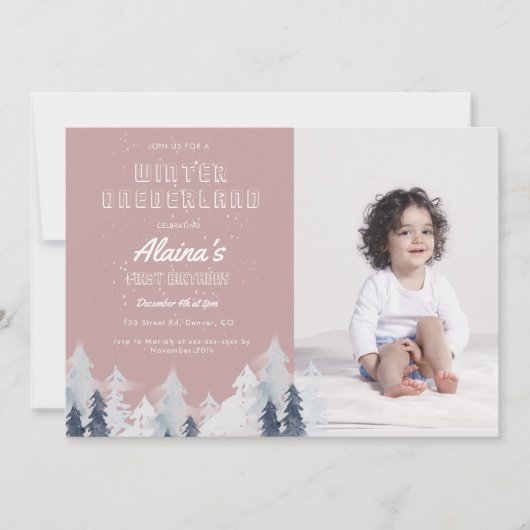 水彩冬のオネダーランド誕生日パーティー 招待状 (正面)
