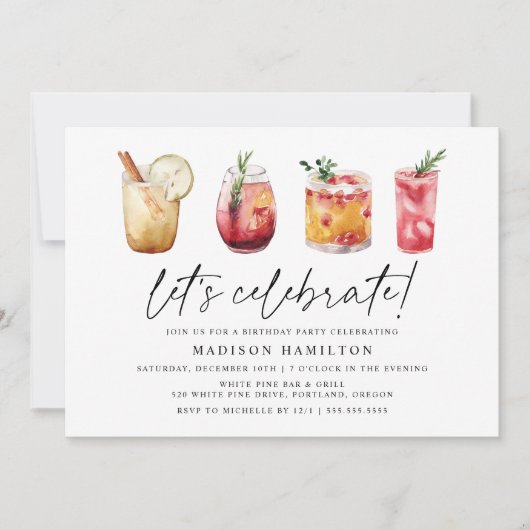 水彩冬のカクテル誕生日パーティー 招待状 (正面)