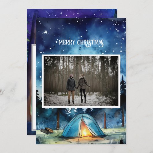水彩冬のキャンピングカップルのクリスマスフォト シーズンカード (正面/裏面)